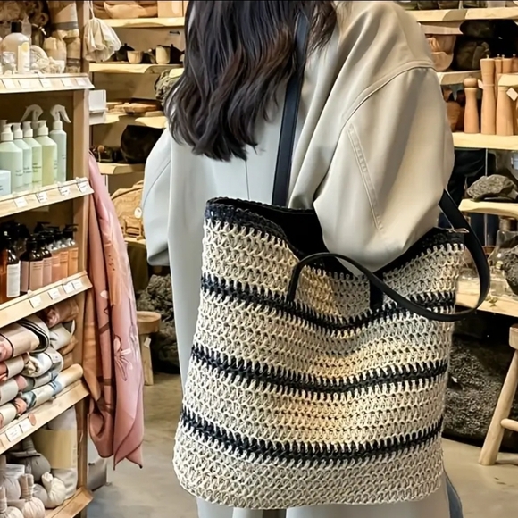 Handbags - Striped Chic Woven Tote Bag